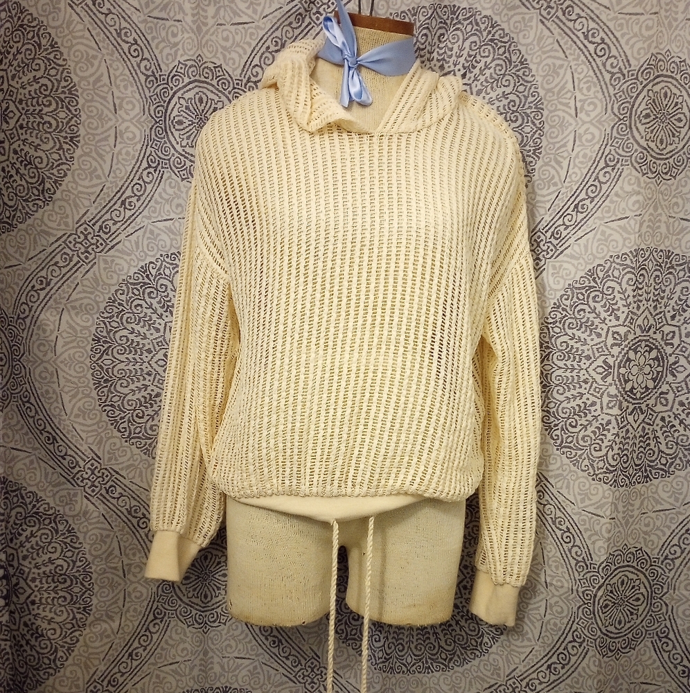 Wild Fable Cream Open Stitch Pullover Mesh Adjustable Waist Tie Hoodie Size XS